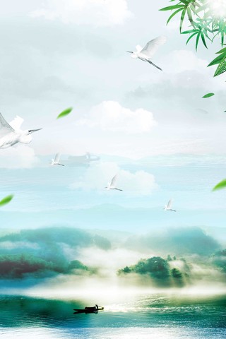鸟语花香绿色生态环境湖水绿草小船海报绿色环保背景